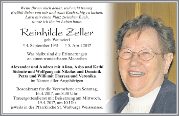 Traueranzeige von Reinhilde Zeller von Allgäuer Zeitung, Füssen