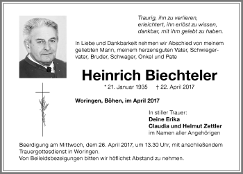 Traueranzeige von Heinrich Biechteler von Memminger Zeitung