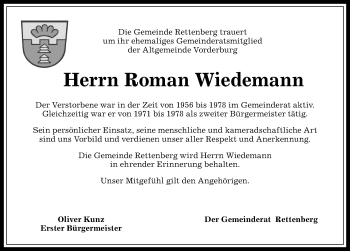 Traueranzeige von Roman Wiedemann von Allgäuer Anzeigeblatt