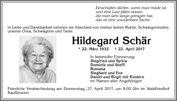 Traueranzeige von Hildegard Schär von Allgäuer Zeitung, Kaufbeuren/Buchloe