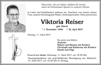 Traueranzeige von Viktoria Reiser von Allgäuer Zeitung, Marktoberdorf