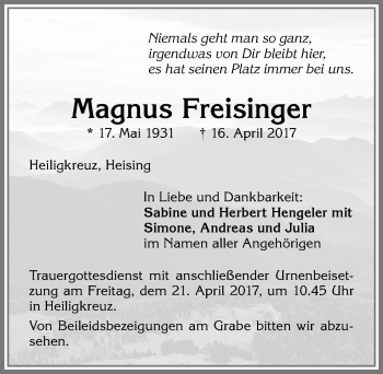 Traueranzeige von Magnus Freisinger von Allgäuer Zeitung,Kempten