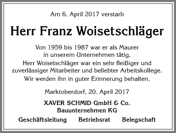 Traueranzeige von Franz Woisetschläger von Allgäuer Zeitung, Marktoberdorf