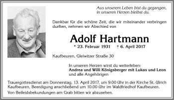 Traueranzeige von Adolf Hartmann von Allgäuer Zeitung, Kaufbeuren/Buchloe