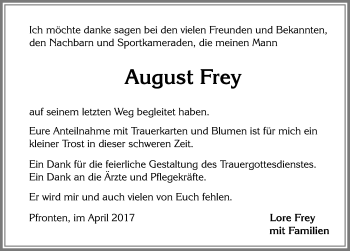 Traueranzeige von August Frey von Allgäuer Zeitung, Füssen