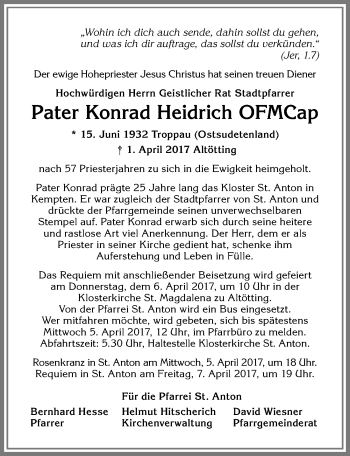 Traueranzeige von Pater Konrad Heidrich von Allgäuer Zeitung,Kempten