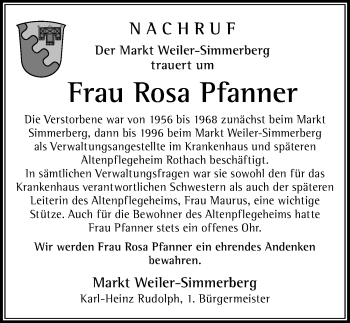 Traueranzeige von Rosa Pfanner von Der Westallgäuer