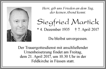 Traueranzeige von Siegfried Martick von Allgäuer Zeitung, Füssen