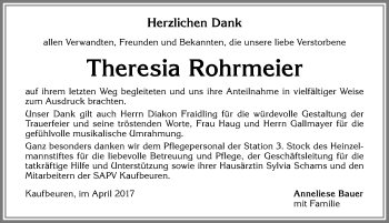 Traueranzeige von Theresia Rohrmeier von Allgäuer Zeitung, Kaufbeuren/Buchloe