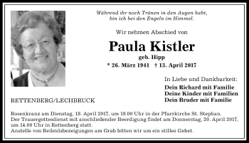 Traueranzeige von Paula Kistler von Allgäuer Zeitung,Kempten