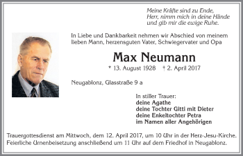 Traueranzeige von Max Neumann von Allgäuer Zeitung, Kaufbeuren/Buchloe