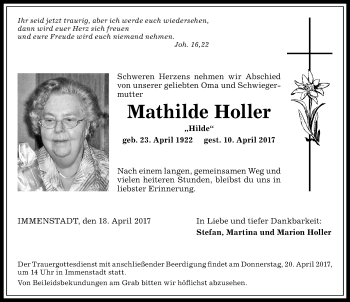 Traueranzeige von Mathilde Holler von Allgäuer Anzeigeblatt