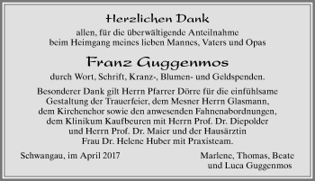 Traueranzeige von Franz Guggenmos von Allgäuer Zeitung, Füssen