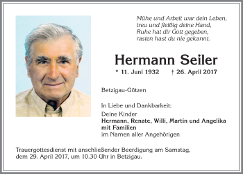 Traueranzeige von Hermann Seiler von Allgäuer Zeitung,Kempten