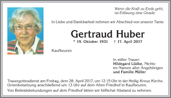 Traueranzeige von Gertraud Huber von Allgäuer Zeitung, Kaufbeuren/Buchloe