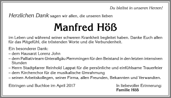 Traueranzeige von Manfred Höß von Allgäuer Zeitung, Kaufbeuren/Buchloe
