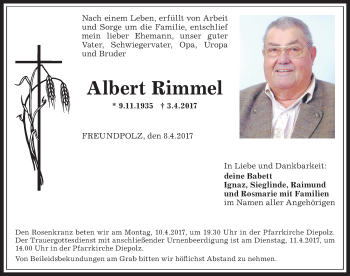 Traueranzeige von Albert Rimmel von Allgäuer Anzeigeblatt