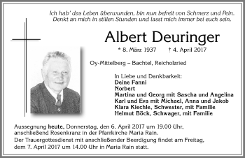 Traueranzeige von Albert Deuringer von Allgäuer Zeitung,Kempten