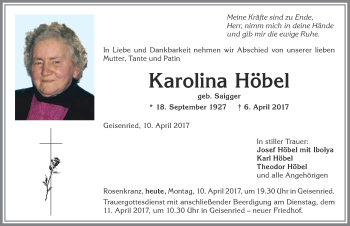 Traueranzeige von Karolina Höbel von Allgäuer Zeitung, Marktoberdorf