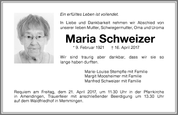 Traueranzeige von Maria Schweizer von Memminger Zeitung