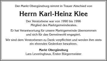 Traueranzeige von Karl-Heinz Klee von Allgäuer Zeitung, Marktoberdorf