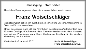 Traueranzeige von Franz Woisetschläger von Allgäuer Zeitung, Marktoberdorf