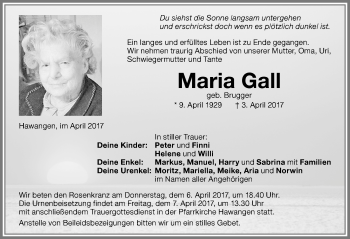 Traueranzeige von Maria Gall von Memminger Zeitung