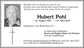 Traueranzeige von Hubert Pohl von Allgäuer Zeitung, Kaufbeuren/Buchloe