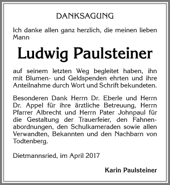Traueranzeige von Ludwig Paulsteiner von Allgäuer Zeitung,Kempten