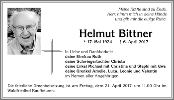 Traueranzeige von Helmut Bittner von Allgäuer Zeitung, Kaufbeuren/Buchloe