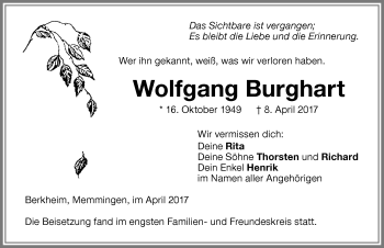 Traueranzeige von Wolfgang Burghart von Memminger Zeitung