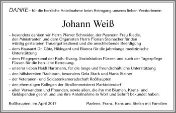Traueranzeige von Johann Weiß von Allgäuer Zeitung, Füssen