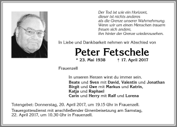 Traueranzeige von Peter Fetschele von Allgäuer Zeitung,Kempten