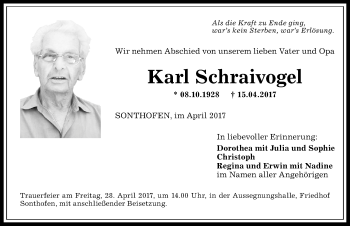 Traueranzeige von Karl Schraivogel von Allgäuer Anzeigeblatt