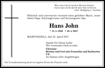 Traueranzeige von Hans John von Allgäuer Zeitung
