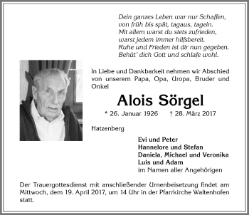Traueranzeige von Alois Sörgel von Allgäuer Zeitung,Kempten
