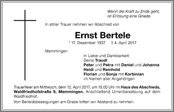 Traueranzeige von Ernst Bertele von Memminger Zeitung