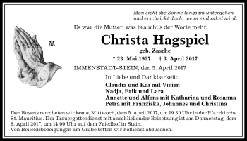 Traueranzeige von Christa Hagspiel von Allgäuer Anzeigeblatt