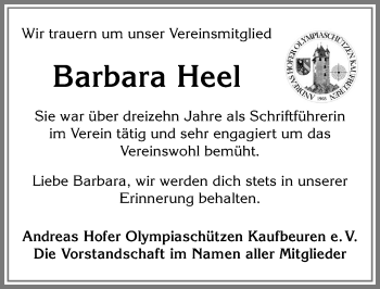 Traueranzeige von Barbara Heel von Allgäuer Zeitung, Kaufbeuren/Buchloe