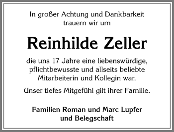 Traueranzeige von Reinhilde Zeller von Allgäuer Zeitung, Füssen