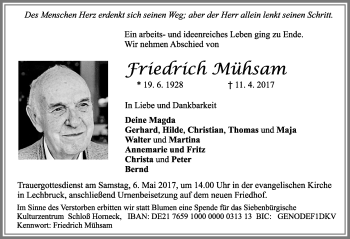 Traueranzeige von Friedrich Mühsam von Allgäuer Zeitung, Füssen