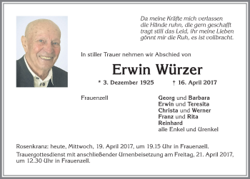 Traueranzeige von Erwin Würzer von Allgäuer Zeitung,Kempten