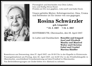 Traueranzeige von Rosina Schwärzler von Allgäuer Zeitung