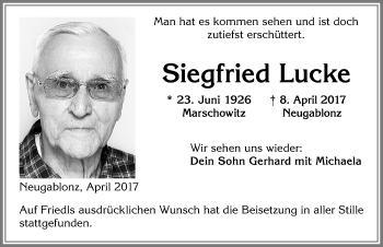Traueranzeige von Siegfried Lucke von Allgäuer Zeitung, Kaufbeuren/Buchloe