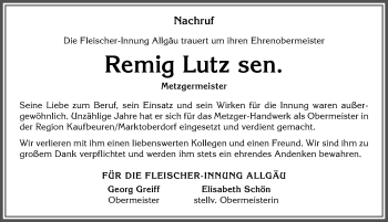 Traueranzeige von Remig Lutz von Allgäuer Zeitung
