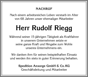 Traueranzeige von Rudolf Riegg von Allgäuer Zeitung, Kaufbeuren/Buchloe