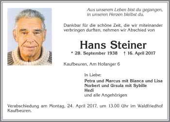 Traueranzeige von Hans Steiner von Allgäuer Zeitung, Kaufbeuren/Buchloe