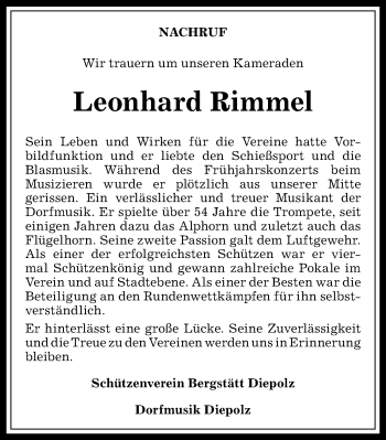 Traueranzeige von Leonhard Rimmel von Allgäuer Anzeigeblatt