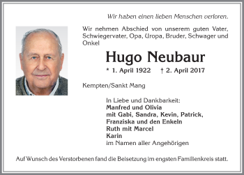 Traueranzeige von Hugo Neubaur von Allgäuer Zeitung,Kempten