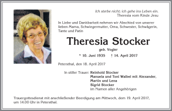 Traueranzeige von Theresia Stocker von Allgäuer Zeitung,Kempten